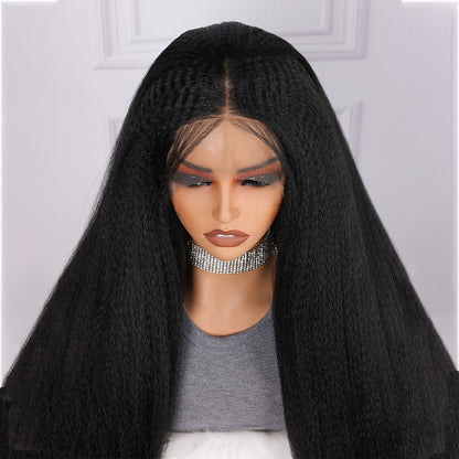 26 Inch Long Black Yaki Kinky Straight Synthetic Wig - Heat Resistant 13*4*1 Lace Front for Women - Perfect Daily Wear & Cosplay, Natural, Durable, Easy Style