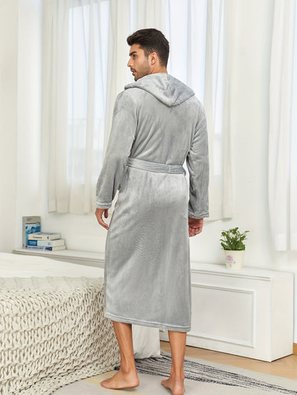 Mens Premium Flannel Bathrobe - Super Cozy Winter Wear, Hooded, Solid Color, Soft Fleece Lining, Double Pockets for Lounging Comfort