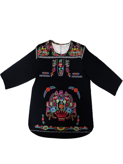 Plus Size Tribal Print Bohemian Chic Long Sleeve Crew Neck Asymmetrical Hem Blouse - Vibrant Random Print, Non-Stretch Polyester Fabric, Casual Woven Shirting for All Seasons - Easy Pullover Design, No Sheer, Long Length, and Relaxed Fit Type H