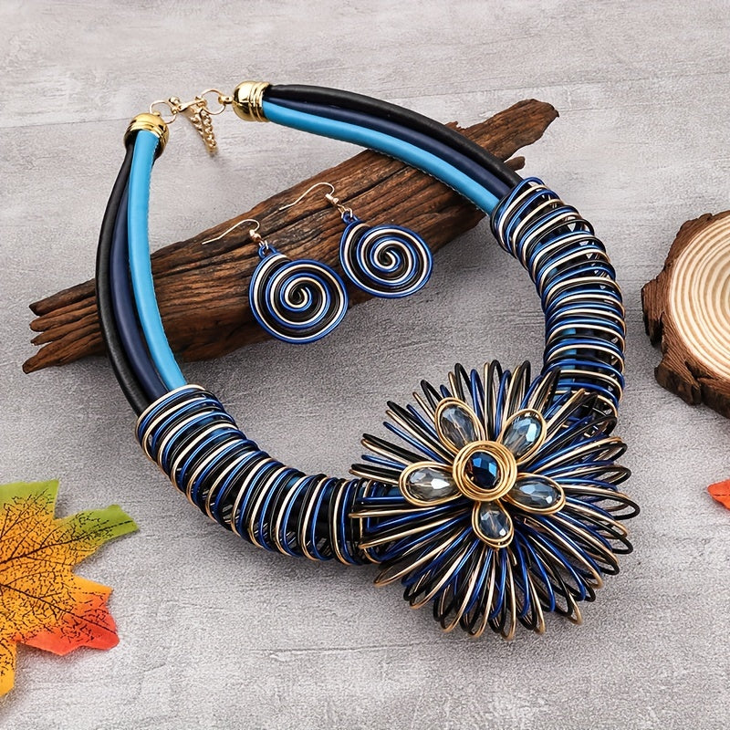 3pcs Earrings Plus Necklace Exaggerated Jewelry Set Colorful Flower Design Stunning Party Accessories Traditional Bridal Accessories
