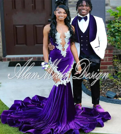 New Purple Velvet Prom Dresses With Appliques Sequins Sheer jewel Neck Ruffles Long Evening Gowns For Black Girls Special Occasion Wears BC18274