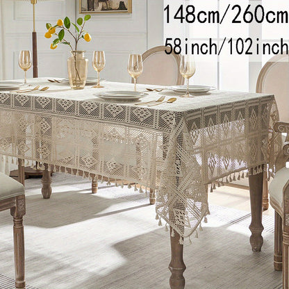 1pc Beige Linen Cotton Blend Crochet Tablecloth with Tassel - Tablecloths - Rustic American Pastoral Style Decor for Picnic, Holiday Party, and Home - Easy Care and Durable