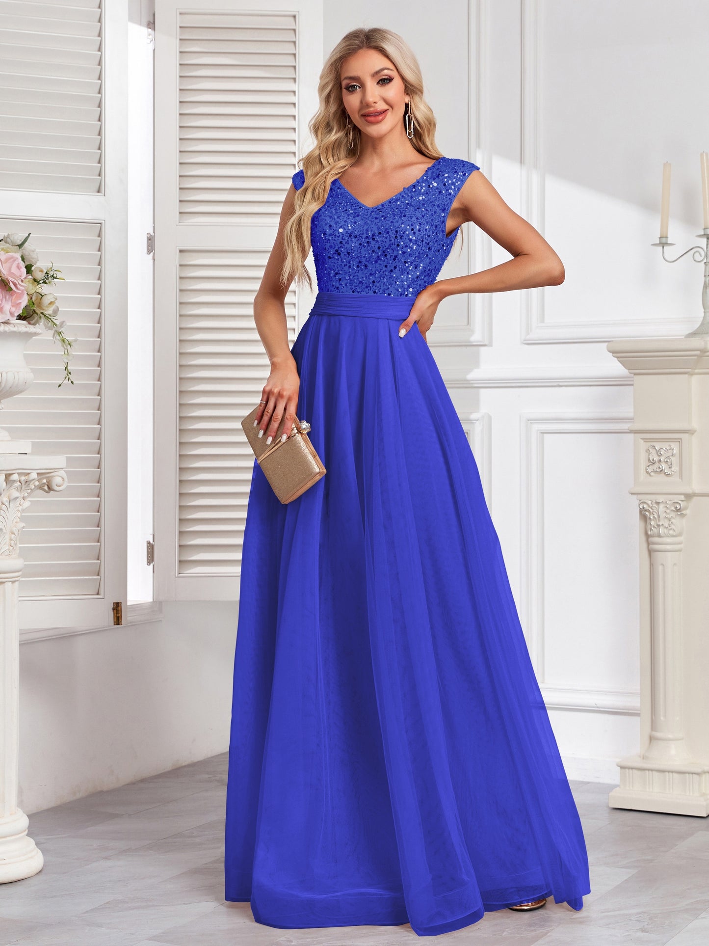 Long Sleeveless Elegant A-line Floor Length Sequin V-neck Formal Dress for Women - Shining Contrast Sequin Details, Micro Elasticity, and Loose Silhouette - Polyester Material, Hand Wash, and Perfect for Party & Banquet