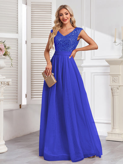 Long Sleeveless Elegant A-line Floor Length Sequin V-neck Formal Dress for Women - Shining Contrast Sequin Details, Micro Elasticity, and Loose Silhouette - Polyester Material, Hand Wash, and Perfect for Party & Banquet