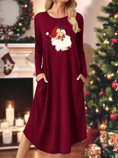 Christmas Santa Claus Print Long Sleeve Knit Dress with Pockets - Casual Round Neck Adult Dress for Fall/Winter Season