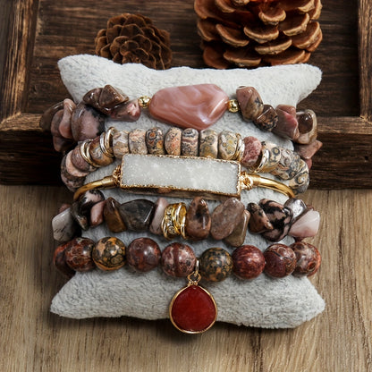 5pc Vintage Charm Boho Beaded Bracelet Set - Effortless Stackable, Elastic Stretch, Handmade Jewelry for Bohemian Style Enthusiasts