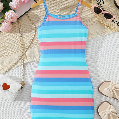Colorful Stripe Dress - Bodycon Slim Fit Design, Adjustable Spaghetti Straps, Slip-on Style - Perfect for Little Girls and Tweens, Ideal Summer Gift for Birthday Parties, Outdoor Playdates, or Casual Occasions