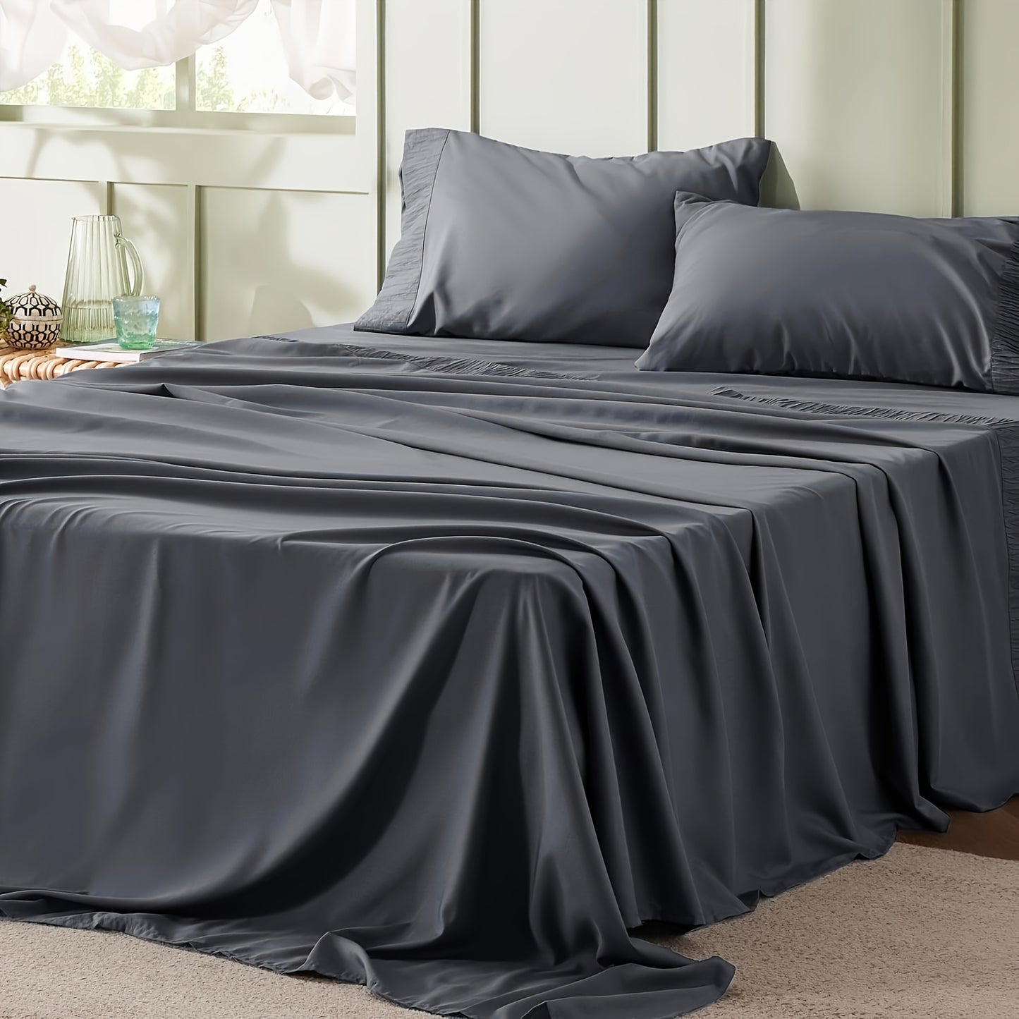 4pcs Luxurious Microfiber Sheet Set - 14" Deep Pocket, Exquisite Pinch Pleat, Shrink-Resistant, Fade-Resistant, Soft & Comfortable Bedding Set With Pillowcase, Flat Sheet, Fitted Sheet - Modern Design For All Season, Dorm Bedding For College Set