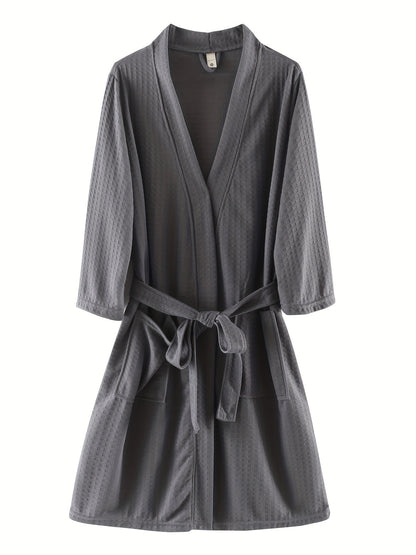 Men's Waffle Bathrobe Japanese Kimono Robe, Vacation Style Comfortable Sleepwear Elegant Style Bathrobe With Belt Spa Home Wears