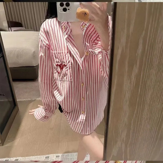 Designer embroidered pink striped shirt for women's spring new style of age-reducing slouchy shirt top