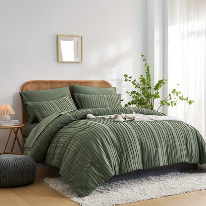 7-Piece Boho Chic Striped Textured Pattern Bed Set - Soft, Lightweight, Microfiber Bedding with Shabby Chic Design - Queen/King Size Bed in a Bag for All Seasons with Easy Care
