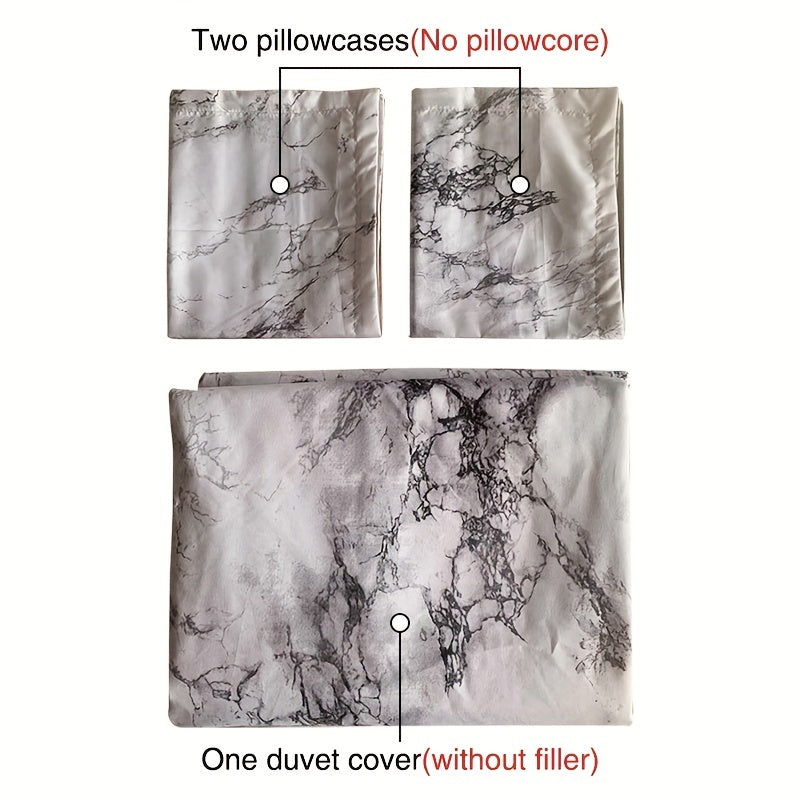 3-Piece Soft Marble Duvet Cover Set - Luxurious Microfiber Bedding for All Seasons, Hypoallergenic, Breathable, and Easy Care - Stylish Bedroom Blanket with 1 Duvet Cover and 1 Pillowcase