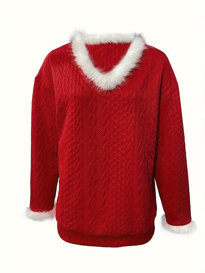 Women'S Plus Size Christmas Sweater with Faux Fur Trim, V-Neck Long Sleeve Pullover, Casual Knit Cardigan, Solid Color, Regular Fit, All Seasons