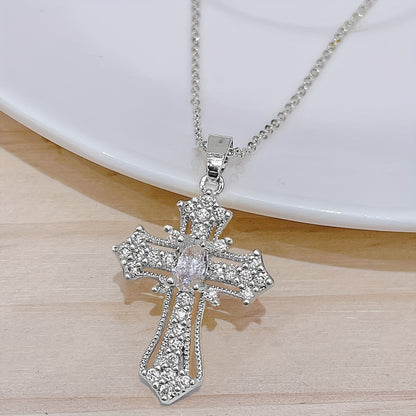 1pc Cute Sparkling Rhinestone Decor Cross Hollow Pendant Necklace, Religious Jewelry For Blessing, Ideal choice for Easter Gift