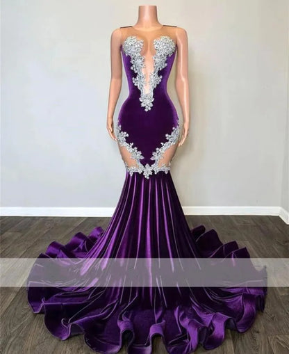 New Purple Velvet Prom Dresses With Appliques Sequins Sheer jewel Neck Ruffles Long Evening Gowns For Black Girls Special Occasion Wears BC18274