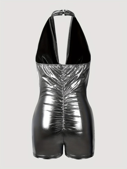 Sleek Y2K-Inspired Backless Metallic Halter Romper - Sleeveless, Figure-Hugging Partywear for Women