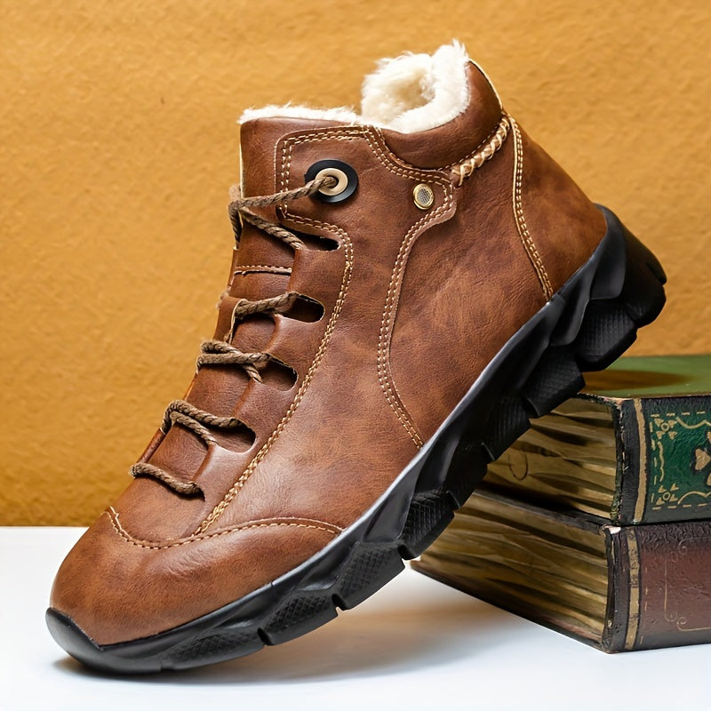 Men's Solid Fuzz Lined Ankle Snow Boots With PU Leather Uppers, Wear-Resistant Non Slip Lace-up Boots For Outdoor Activities, Men's Winter Footwear
