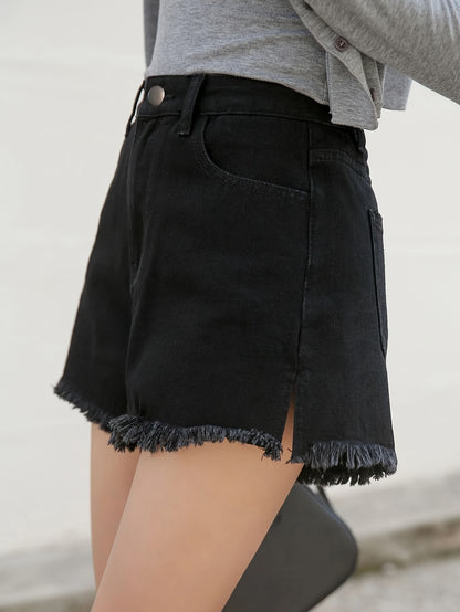 ZllKl  High Waist Fashion Denim Shorts, Frayed Hem Slash Pockets Short Denim Pants, Women's Denim Jeans & Clothing
