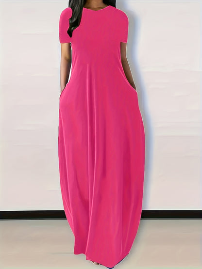 Plus Size Womens Casual Maxi Dress - Flattering Solid Color, Comfortable Round Neck, Flowy Loose Fit with Handy Pockets, Short Sleeves