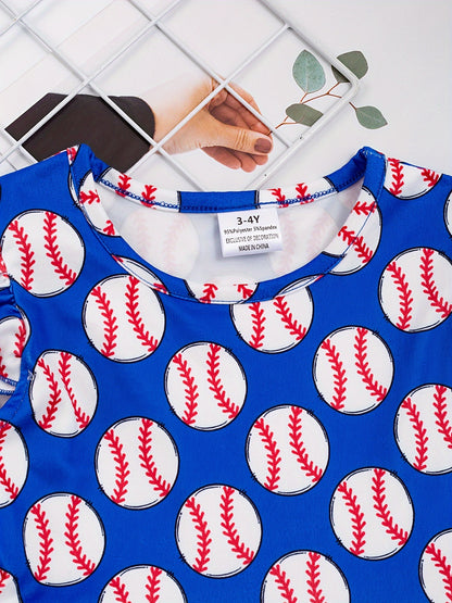 Summer-Fun Baseball Graphic Dress for Girls - High-Stretch, Fit & Flare, Durable & Comfortable