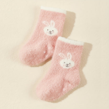 3pairs Baby Girls Cute Cartoon Rabbit Bear Dog Plush Non-slip Floor Socks Soft Comfortable Thermal Breathable Socks For Autumn And Winter