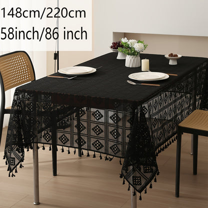 1pc Beige Linen Cotton Blend Crochet Tablecloth with Tassel - Tablecloths - Rustic American Pastoral Style Decor for Picnic, Holiday Party, and Home - Easy Care and Durable