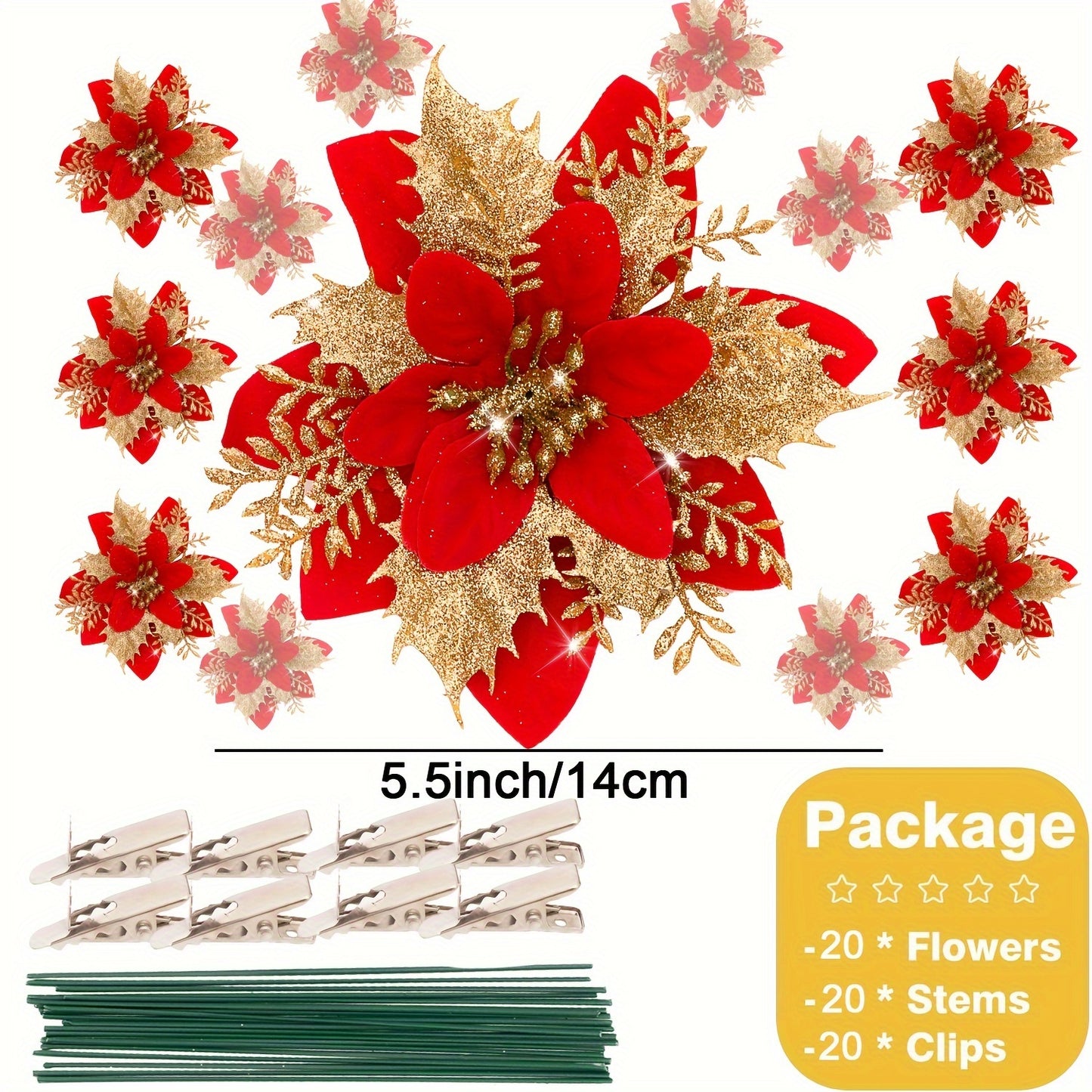 20 PCS Artificial Poinsettia Flowers with Clips - Festive Holiday Decorations for Xmas Tree, Wreath, Party, and Home with Plastic Ornaments