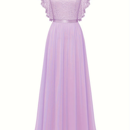 Stunning Lace Splicing V-Neck Bridesmaid Dress - Elegant Ruffle Sleeve, A-Line Floor Length, Perfect for Wedding Party - Womens Formal Clothing for Special Occasions