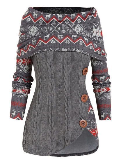 Christmas Pattern Off Shoulder Sweater - Casual, Long Sleeve, Button Front, Asymmetrical, Festive Holiday Wear for Women