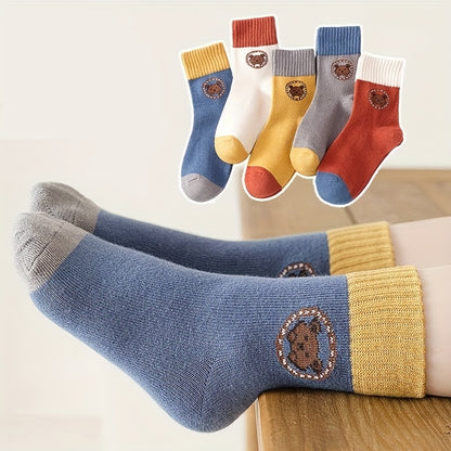 5Pairs/lot Boys Kids Cartoon Bear Pattern Cute Socks, Casual Sports Socks, Comfy Thickened Warm Crew Socks For Autumn Winter, Students Socks, Children's Socks