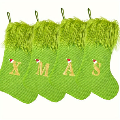 Green Faux Fur Christmas Stockings with Embroidered Letters, 18-inch Festive Holiday Decor, for Home & Party, Polyester, Christmas Decor