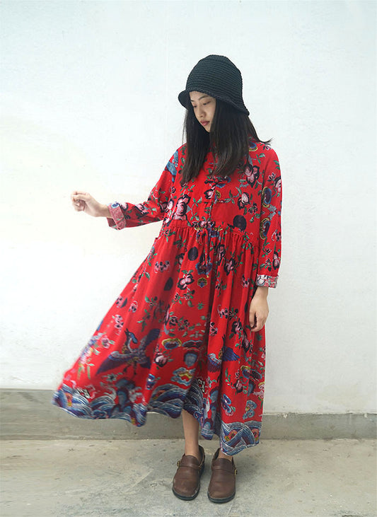 Special offer! cotton and linen ethnic printing handmade buckle long-sleeved dress, Chinese printed robe L933