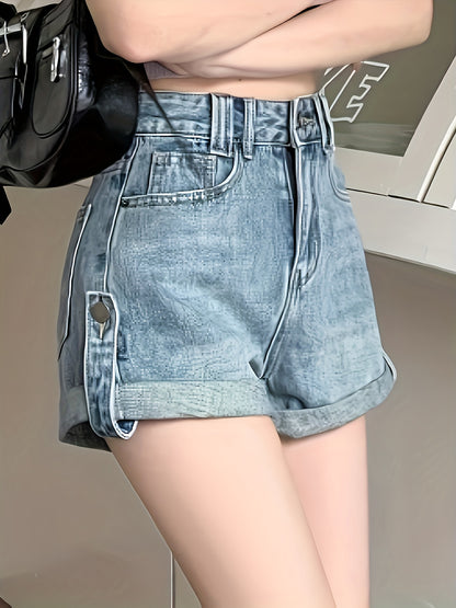 ZllKl  Women's High-Waist Denim Shorts, Casual Slimming Loose Fit With Rolled Hem, Hot Pants Comfit Fit Shorts