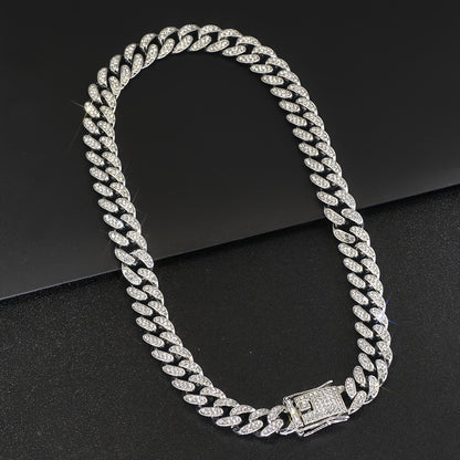 1pc Shiny Cuban Chain Icy Miami Men Womens Cuban Necklace Choker Silvery/Golden Shiny Rhinestone Hip Hop Jewelry For Women