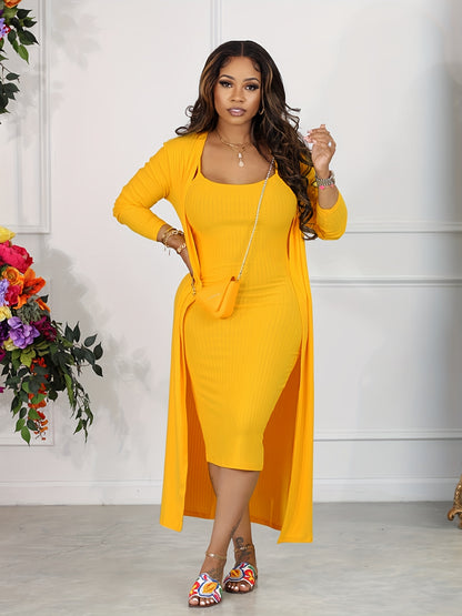 Two-Piece Solid Ribbed Long Sleeve Cardigan and Bodycon Cami Dress Set - Soft Mid-Elasticity Polyester Knit Fabric, Spaghetti Strap, All-Season Casual Wear - Comfortable and Versatile Outfit for Women