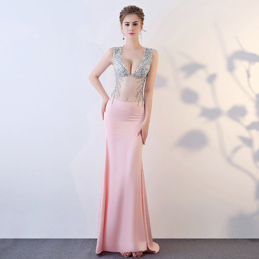 2025 G831/sexy perspective dress evening mesh transparent hollow hand-sewn drill car show performance