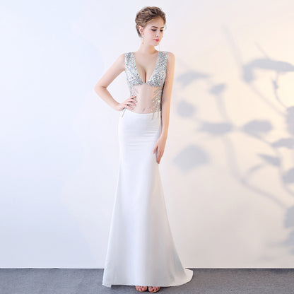 2025 G831/sexy perspective dress evening mesh transparent hollow hand-sewn drill car show performance