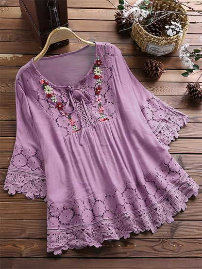 ZllKl Plus Size Elegant Blouse, Women's Plus Floral Appliques Contrast Guipure Lace Short Sleeve Tie Neck Top