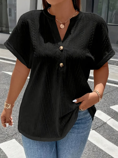 ZllKl Plus Size Simple Solid Blouse, Casual V Neck Short Sleeve Blouse For Spring & Summer, Women's Plus Size Clothing