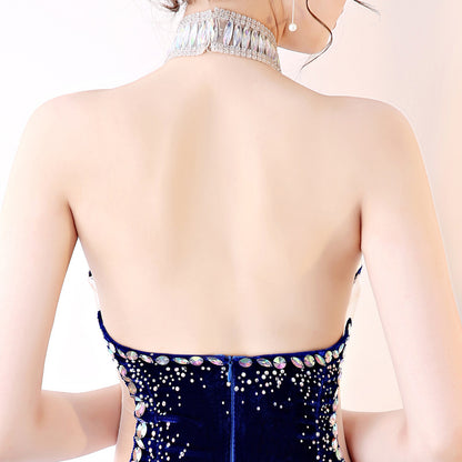 2025 G829/sexy see-through dress evening velvet autumn and winter neck long catwalk performance clothes