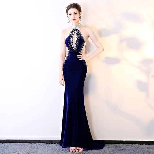 2025 G829/sexy see-through dress evening velvet autumn and winter neck long catwalk performance clothes