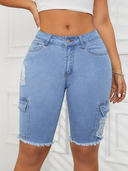 ZllKl  Ripped Side Flap Pocket Cargo Denim Shorts, Raw Hem Distressed Plain Washed Blue High Rise Bermuda Denim Shorts, Women's Denim Jeans & Clothing