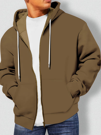 100% Polyester Plus Size Solid Color Zip-Up Hoodie for Men - Preppy Sports Style with Hood, Non-Stretch Drawstring Detail, Regular Fit for Spring/Fall Activities