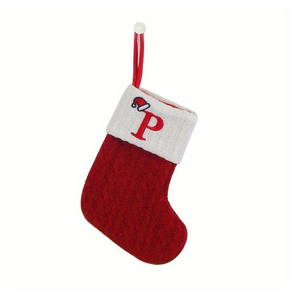 Classic Initial Mini Christmas Stockings, 1pc, Embroidered Alphabet Knit Red and White Themed Socks for Home, Christmas Tree, Mantel Decoration, No Feathers, Polyester - Festive Holiday Decor