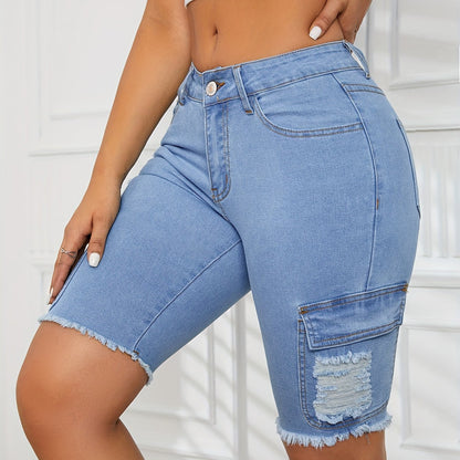 ZllKl  Ripped Side Flap Pocket Cargo Denim Shorts, Raw Hem Distressed Plain Washed Blue High Rise Bermuda Denim Shorts, Women's Denim Jeans & Clothing