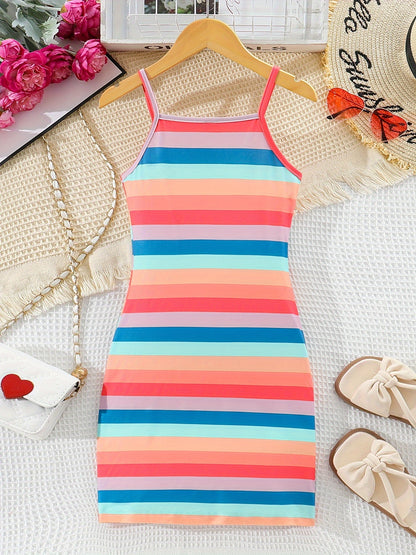 Colorful Stripe Dress - Bodycon Slim Fit Design, Adjustable Spaghetti Straps, Slip-on Style - Perfect for Little Girls and Tweens, Ideal Summer Gift for Birthday Parties, Outdoor Playdates, or Casual Occasions