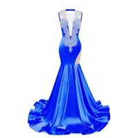 Royal Blue Mermaid Prom Dresses Sexy Sheer V Neck Beads Crystals Ruffles Long Evening Gowns Cutaway Sides Women Occasion Dress BM3502