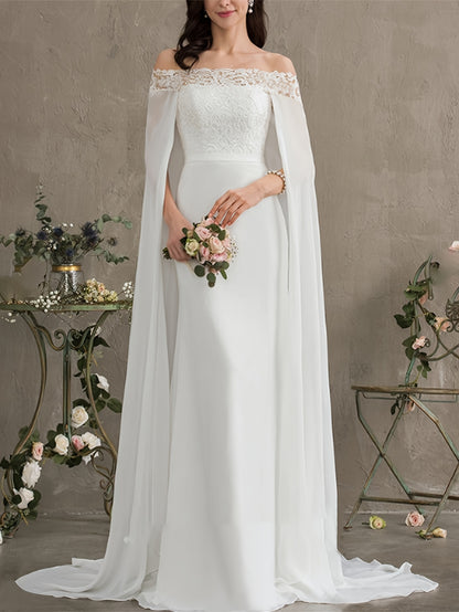 Long Length Off the Shoulder Bodycon Wedding Dress - Elegant Solid Contrast Lace Cape Design, Micro Elasticity Mesh Fabric, Pleated Hem, Chest Pad, Spring/Summer/Fall Season - Womens Elegant Occasion Dress for Wedding/Evening/Engagement/Ceremony