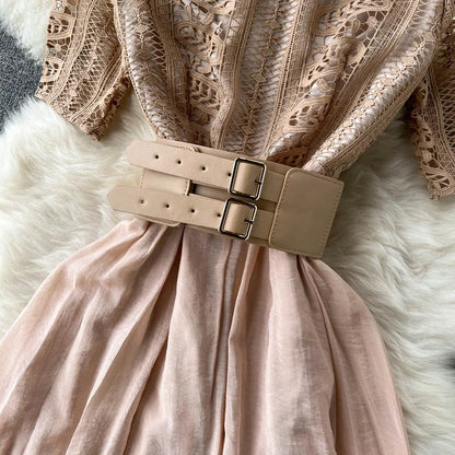 New Summer Elegant Women Stand Collar Long Dress Vintage Female Lace Patchwork Dress Empire Slim Fairy with Belt