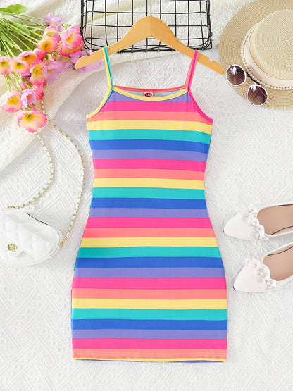 Colorful Stripe Dress - Bodycon Slim Fit Design, Adjustable Spaghetti Straps, Slip-on Style - Perfect for Little Girls and Tweens, Ideal Summer Gift for Birthday Parties, Outdoor Playdates, or Casual Occasions